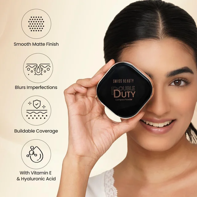 Swiss Beauty Double Duty Compact Powder 18g, Shade 02 Vanilla Sand / Vanilla Glow | 2-in-1 Day to Night Compact | Buildable Coverage | With Vitamin E & Hyaluronic Acid
