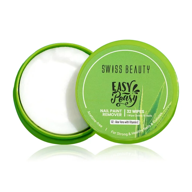 Swiss Beauty Easy-Peasy Nail Paint Remover Wipes, Aloe vera with Vitamin C | Acetone-Free, Hydrating & Travel-Friendly | 32 Wipes | Gentle on Nails