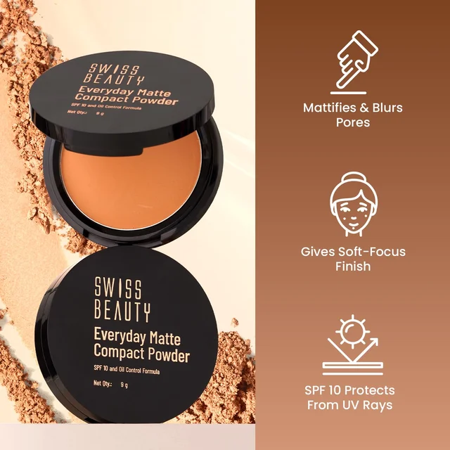 Swiss Beauty Everyday Matte Compact Powder 01 Ivory 9g | Matte Compact Powder with SPF 10 | Oil Control, Lightweight & Long-Lasting | Smooth Shine-Free Finish