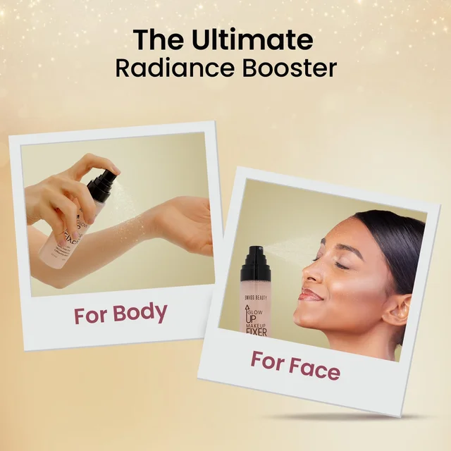 Swiss Beauty Glow Up Makeup Fixer 100ml | Preps & Sets Makeup | Dewy Radiance | Face & Body Makeup Setting Spray | With Vitamin C & Hyaluronic Acid