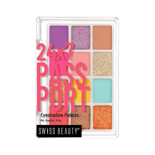 Swiss Beauty Grand Arrival Party 24/7 Passport Eyeshadow Palette 03, with 12 Highly Pigmented Shades | Matte, Shimmer & Glitter Finishes | Long-Lasting & Travel-Friendly