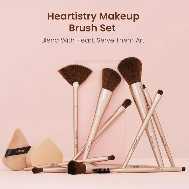 Swiss Beauty Heartistry Makeup Brush Set | 12 Pieces for Face, Eyes & Lips | Soft Synthetic Bristles | Multi-Functional, Flawless Blending | PETA Certified
