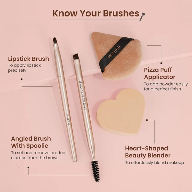 Swiss Beauty Heartistry Makeup Brush Set | 12 Pieces for Face, Eyes & Lips | Soft Synthetic Bristles | Multi-Functional, Flawless Blending | PETA Certified