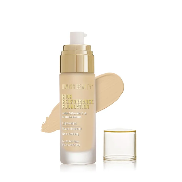 Swiss Beauty High Performance Foundation 55g | With Vitamin C & Niacinamide | Water-resistant | Medium to buildable coverage | Lightweight | Non Creasing | For All Skin type | Shade - Medium Beige