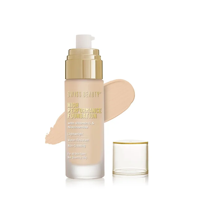 Swiss Beauty High Performance Foundation Natural Beige, 55g with Vitamin C & Niacinamide | Medium to Buildable Coverage | Water-Resistant & Lightweight Formula for Even Skin Tone