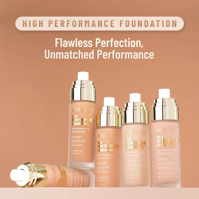 Swiss Beauty High Performance Foundation Sun Beige, 55g with Vitamin C & Niacinamide | Medium to Buildable Coverage | Water-Resistant & Lightweight Formula for Even Skin Tone