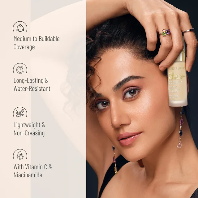 Swiss Beauty High Performance Foundation Sun Beige, 55g with Vitamin C & Niacinamide | Medium to Buildable Coverage | Water-Resistant & Lightweight Formula for Even Skin Tone