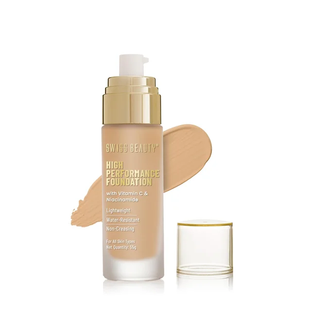 Swiss Beauty High Performance Foundation Natural Buff, 55g with Vitamin C & Niacinamide | Medium to Buildable Coverage | Water-Resistant & Lightweight Formula for Even Skin Tone