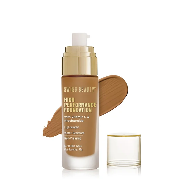 Swiss Beauty High Performance Foundation Toffee Beige, 55g with Vitamin C & Niacinamide | Medium to Buildable Coverage | Water-Resistant & Lightweight Formula for Even Skin Tone