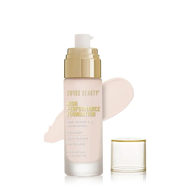 Swiss Beauty High Performance Foundation White-Ivory, 55g with Vitamin C & Niacinamide | Medium to Buildable Coverage | Water-Resistant & Lightweight Formula for Even Skin Tone