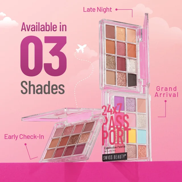 Swiss Beauty Grand Arrival Party 24/7 Passport Eyeshadow Palette 03, with 12 Highly Pigmented Shades | Matte, Shimmer & Glitter Finishes | Long-Lasting & Travel-Friendly