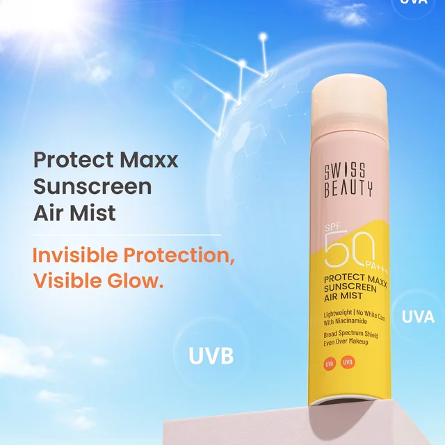Swiss Beauty Protect Maxx Sunscreen Air Mist, SPF 50 PA+++ | Ultra-Light & Non-Greasy | UVA & UVB Protection | Hydrating & Refreshing | Quick Absorption