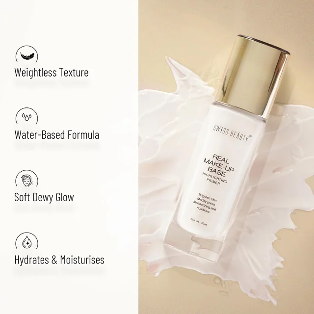 Swiss Beauty Real Makeup Base Highlighting Primer 03 Pink Tint | Natural Glow Finish | Glowing & Smooth Finish | Flawless, Long-Lasting Makeup Base | Hydrated Look | Modify pores | 32ml