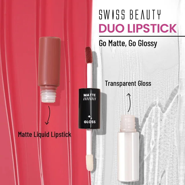 Swiss Beauty Barely Nude Duo Lipstick | Matte & High-Shine Gloss | Long-Lasting, Smudge-Proof | Lightweight & Comfortable | 2-in-1 Lipstick for Natural & Glam Looks