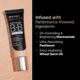 Swiss Beauty Select BB Cream Multifunctiona Bright & Balance 30g With 30 SPF | Shade 02 That's Fair |Even Skin Tone with Niacinamide & Wheat Germ Oil | Medium Coverage