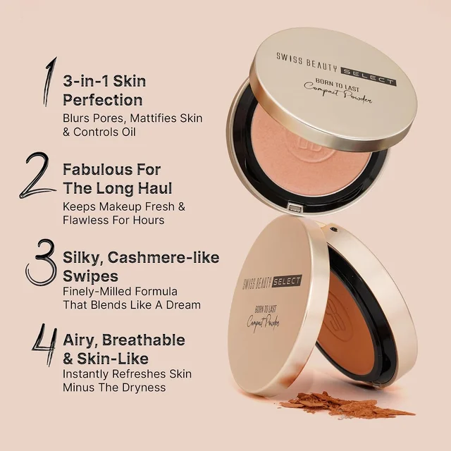 Swiss Beauty Select Born To Last Compact Powder 01 Bare Dawn | 3-in-1 Skin Perfection | Oil Control | Pore Blurring | Matte Finish | Squalane & Vitamin E