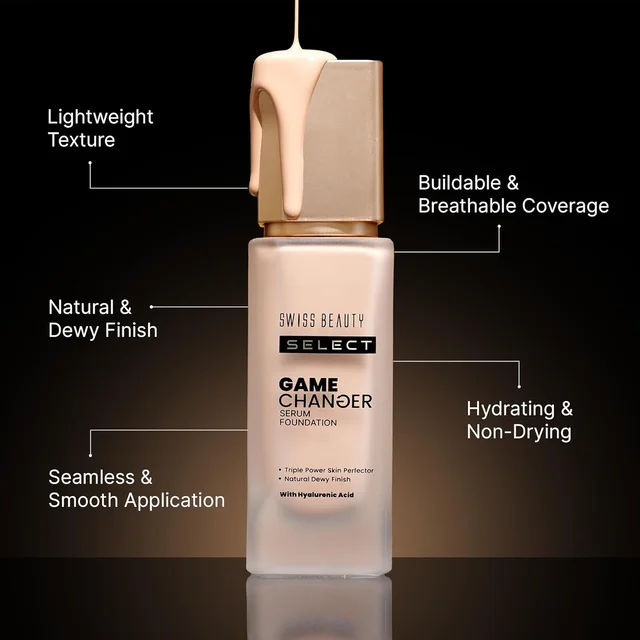 Swiss Beauty Select Game Changer Foundation Lightweight With Serum 35g | Shade Golden Toffee | Natural Dewy Finish, Lightweight Serum Formula, Buildable Coverage