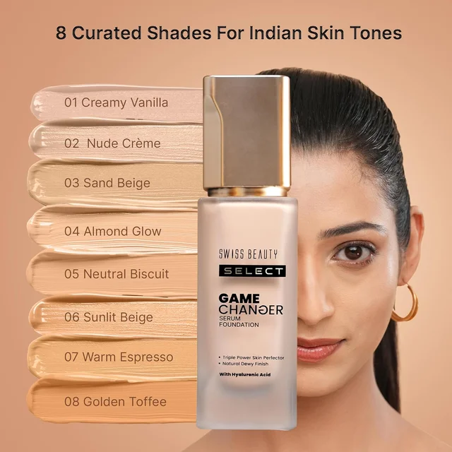 Swiss Beauty Select Game Changer Foundation Lightweight With Serum 35g | Shade Golden Toffee | Natural Dewy Finish, Lightweight Serum Formula, Buildable Coverage