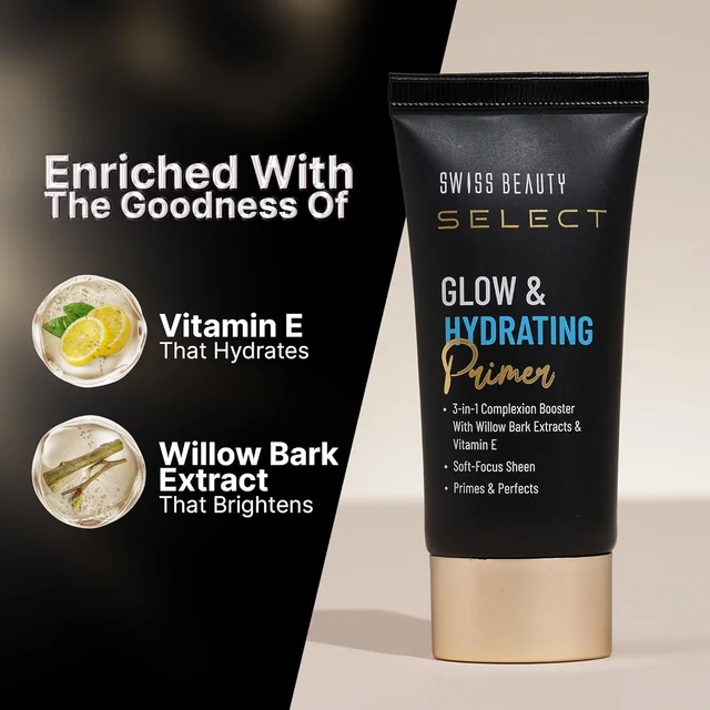 Swiss Beauty Select Glow & Hydrating Primer 25ml | Vitamin E & Witch Hazel Enriched Makeup Base for Radiant | Dewy Skin, Long-Lasting Hydration | Smooth Texture & Natural Glow