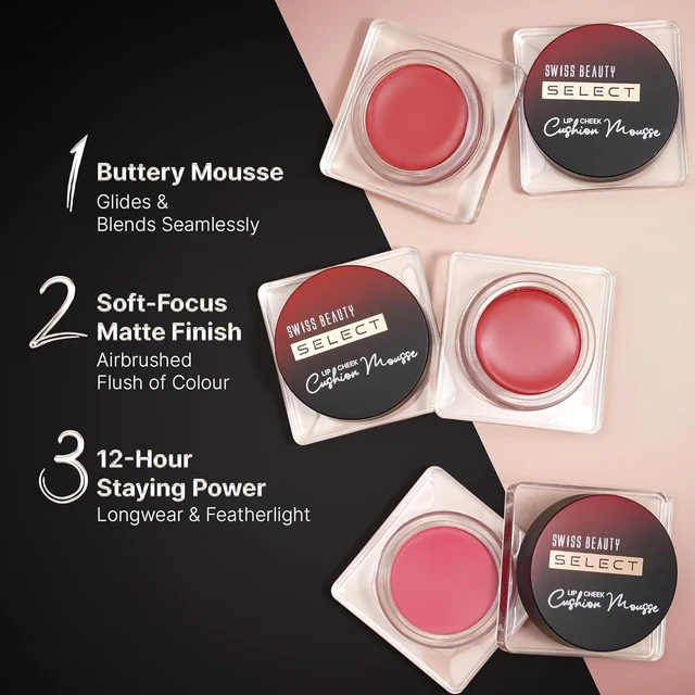 Swiss Beauty Select Lip And Cheek Cushion Creamy Mousse 4.5gm, Shade 03 Elevate Pink with Vitamin E | 12 Hours Long Stay | Soft Matte Finish