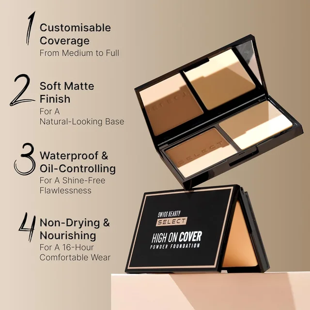 Swiss Beauty Select Matte High On Cover Powder Foundation 5.5g | Shade 04 Natural Buff | Waterproof & Oil Controlling | 16-Hour Long Wear | With Sponge