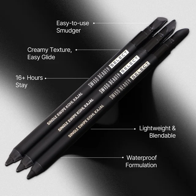 Swiss Beauty Select Single Swipe Kohl Kajal 1.2gm | Intense Black | 16Hr Long Stay | Waterproof & Smudge Proof | Creamy Smooth Kajal with Smudger