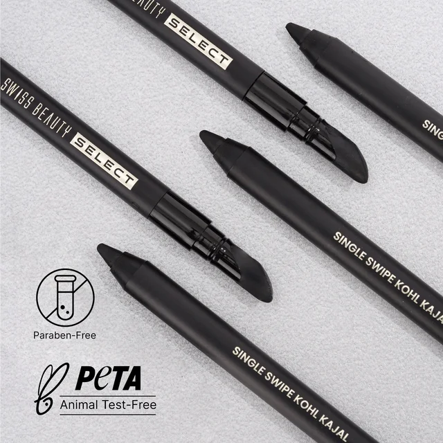Swiss Beauty Select Single Swipe Kohl Kajal 1.2gm | Intense Black | 16Hr Long Stay | Waterproof & Smudge Proof | Creamy Smooth Kajal with Smudger