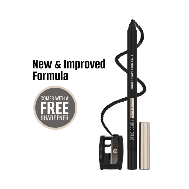 Swiss Beauty Select Single Swipe Kohl Kajal Shade 01 Raven Black | Waterproof, Smudge Proof, Long Lasting, Highly Pigmented, Creamy Glide, Matte Finish Eye Kajal Pencil with Smudger