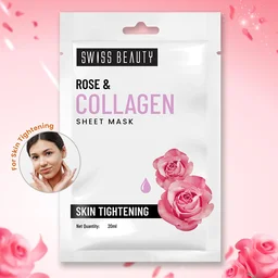 Swiss Beauty Skin tightening Sheet Mask 20ml | with Rose & Collagen | Serum-infused sheet mask | For Hydrating and youthful glowing skin | Maintain Skin Elasticity | Radiant skin mask | 20ml