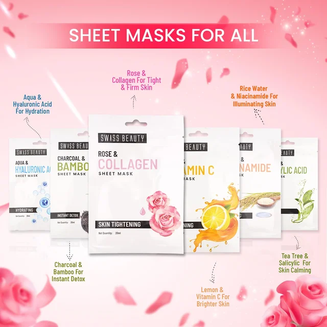 Swiss Beauty Skin tightening Sheet Mask 20ml | with Rose & Collagen | Serum-infused sheet mask | For Hydrating and youthful glowing skin | Maintain Skin Elasticity | Radiant skin mask | 20ml