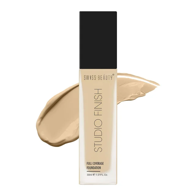 Swiss Beauty Water Proof Studio Finish Full Coverage Foundation Sand Beige 30ml | Full coverage, Long-lasting & Lightweight Foundation for Professional look Makeup