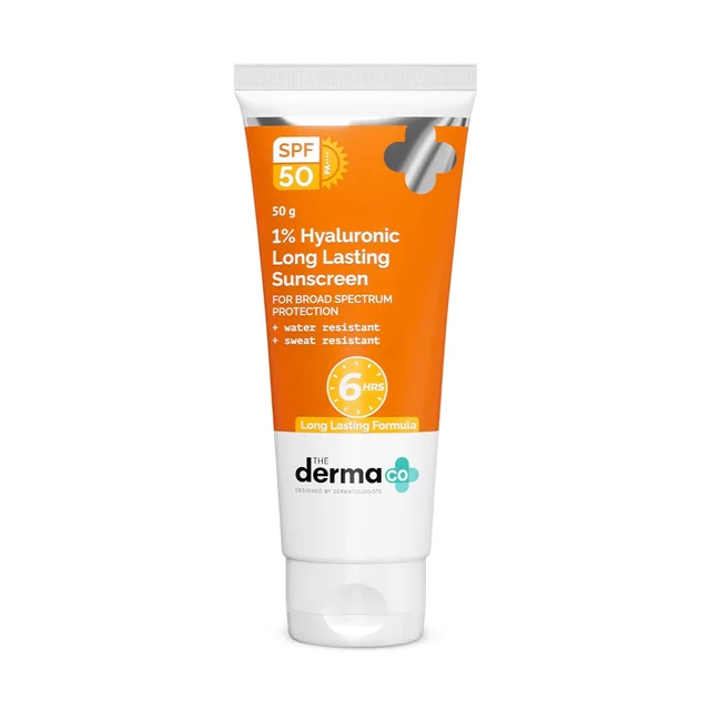 The Derma Co 1% Hyaluronic Long Lasting Sunscreen 50g SPF 50 PA++++ with Hyaluronic Acid & Vitamin E | Broad Spectrum, Water & Sweat Resistant Sun Protection