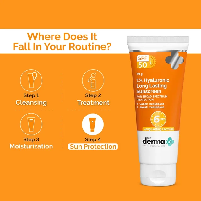 The Derma Co 1% Hyaluronic Long Lasting Sunscreen 50g SPF 50 PA++++ with Hyaluronic Acid & Vitamin E | Broad Spectrum, Water & Sweat Resistant Sun Protection