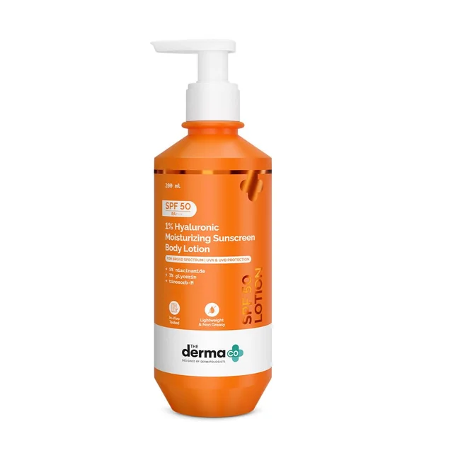 The Derma Co 1% Hyaluronic Moisturizing Sunscreen Body Lotion 200ml SPF 50 PA++++ | 5% Niacinamide & 3% Glycerin | Broad Spectrum UVA/UVB | No White Cast