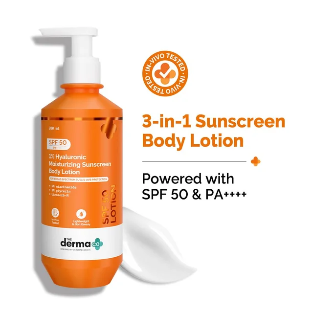 The Derma Co 1% Hyaluronic Moisturizing Sunscreen Body Lotion 200ml SPF 50 PA++++ | 5% Niacinamide & 3% Glycerin | Broad Spectrum UVA/UVB | No White Cast