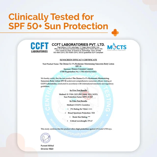 The Derma Co 1% Hyaluronic Moisturizing Sunscreen Body Lotion 200ml SPF 50 PA++++ | 5% Niacinamide & 3% Glycerin | Broad Spectrum UVA/UVB | No White Cast