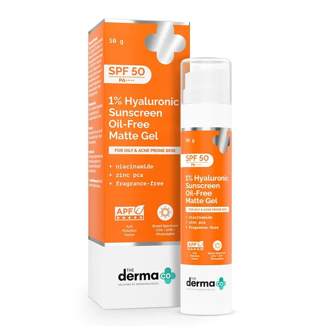 The Derma Co 1% Hyaluronic Sunscreen 50g Oil-Free Matte Gel SPF 50 PA++++ | For Oily & Acne-Prone Skin | No White Cast | Broad Spectrum & Blue Light Protection