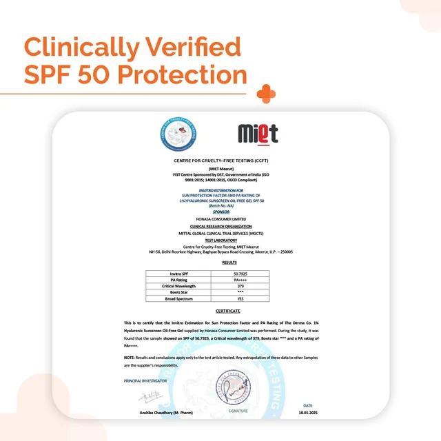 The Derma Co 1% Hyaluronic Sunscreen 50g Oil-Free Matte Gel SPF 50 PA++++ | For Oily & Acne-Prone Skin | No White Cast | Broad Spectrum & Blue Light Protection