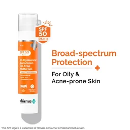 The Derma Co 1% Hyaluronic Sunscreen 50g Oil-Free Matte Gel SPF 50 PA++++ | For Oily & Acne-Prone Skin | No White Cast | Broad Spectrum & Blue Light Protection