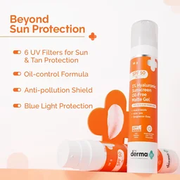 The Derma Co 1% Hyaluronic Sunscreen 50g Oil-Free Matte Gel SPF 50 PA++++ | For Oily & Acne-Prone Skin | No White Cast | Broad Spectrum & Blue Light Protection