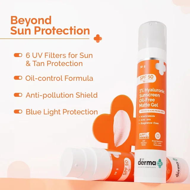 The Derma Co 1% Hyaluronic Sunscreen 50g Oil-Free Matte Gel SPF 50 PA++++ | For Oily & Acne-Prone Skin | No White Cast | Broad Spectrum & Blue Light Protection