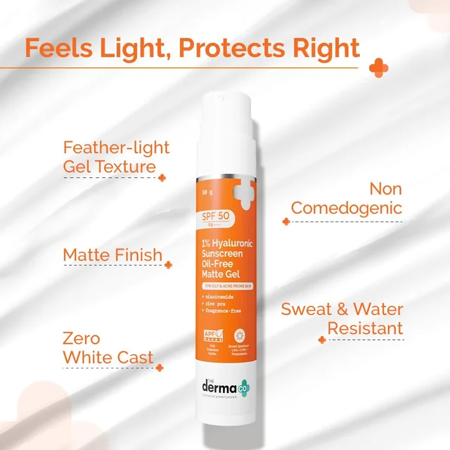The Derma Co 1% Hyaluronic Sunscreen 50g Oil-Free Matte Gel SPF 50 PA++++ | For Oily & Acne-Prone Skin | No White Cast | Broad Spectrum & Blue Light Protection
