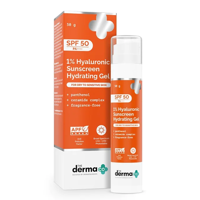 The Derma Co 1% Hyaluronic Sunscreen Hydrating Gel 50g SPF 50 PA++++ | For Dry & Sensitive Skin | No White Cast | UVA/UVB & Blue Light Protection
