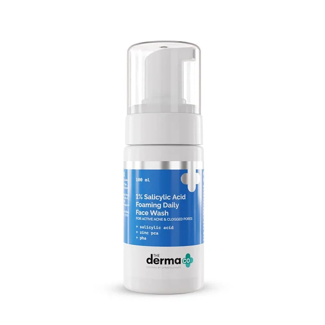 The Derma Co 1% Salicylic Acid Foaming Daily Face Wash 100ml | With Zinc PCA & PHA | For Active Acne & Clogged Pores | Helps Reduce Acne & Unclog Pores