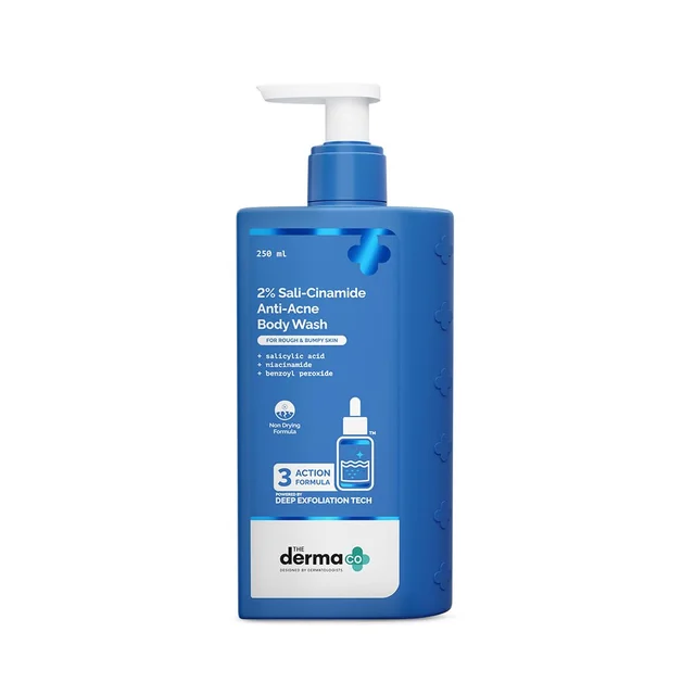 The Derma Co 2% Sali-Cinamide Body Wash 250ml for Bacne & Body Acne | 3-Action Exfoliating Formula | Helps Fade Marks | Non-Drying, Fragrance-Free
