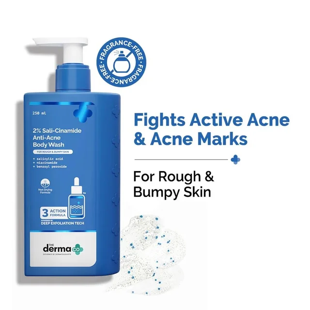 The Derma Co 2% Sali-Cinamide Body Wash 250ml for Bacne & Body Acne | 3-Action Exfoliating Formula | Helps Fade Marks | Non-Drying, Fragrance-Free