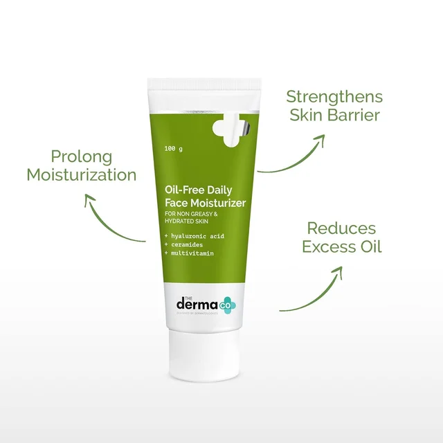 The Derma Co Oil-Free Daily Face Moisturizer 100g with Hyaluronic Acid, Ceramides & Multivitamins | Non-Greasy Hydration | Prolonged Moisturization | Skin Barrier Care