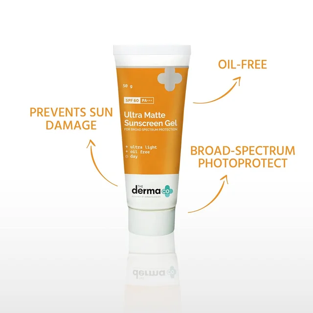 The Derma Co Ultra Matte Sunscreen Gel 50g SPF 60 | Matte Finish Sunscreen for All Skin Types | Helps Protect Skin from Sun Damage, UVA & UVB Rays