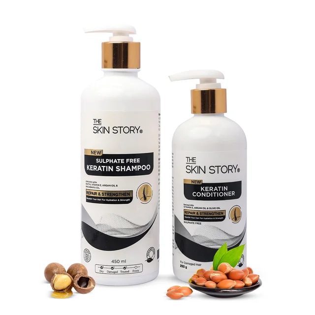 The Skin Story Keratin Shampoo (450ml) & Conditioner (250g) Set | Sulfate-Free Hair Care | Repairs & Nourishes Damaged Hair | Combo Pack