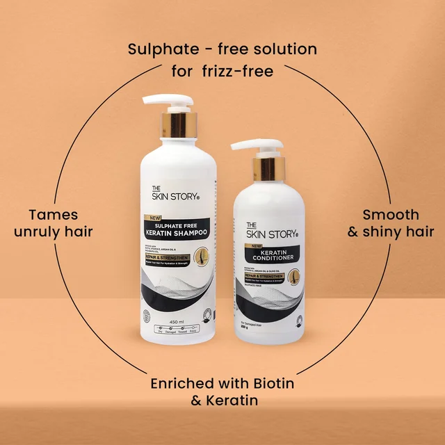 The Skin Story Keratin Shampoo (450ml) & Conditioner (250g) Set | Sulfate-Free Hair Care | Repairs & Nourishes Damaged Hair | Combo Pack